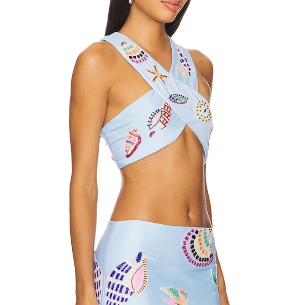 Oceanus KShell Hand Beaded Light Blue Seashell Print HalterTop and Skirt Set NWT - Picture 6 of 17